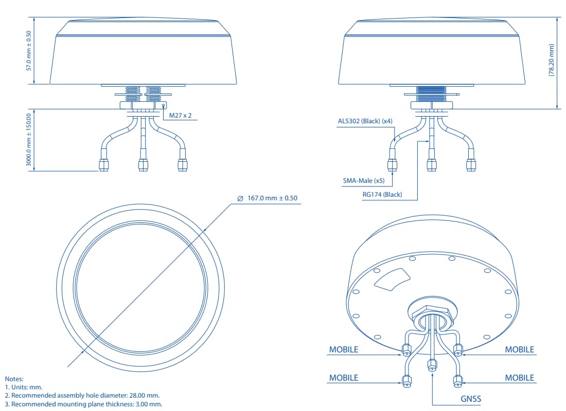 Mechanical Drawing - Teltonika PR1KCI49 5G Mobile MIMO/GNSS Antenna